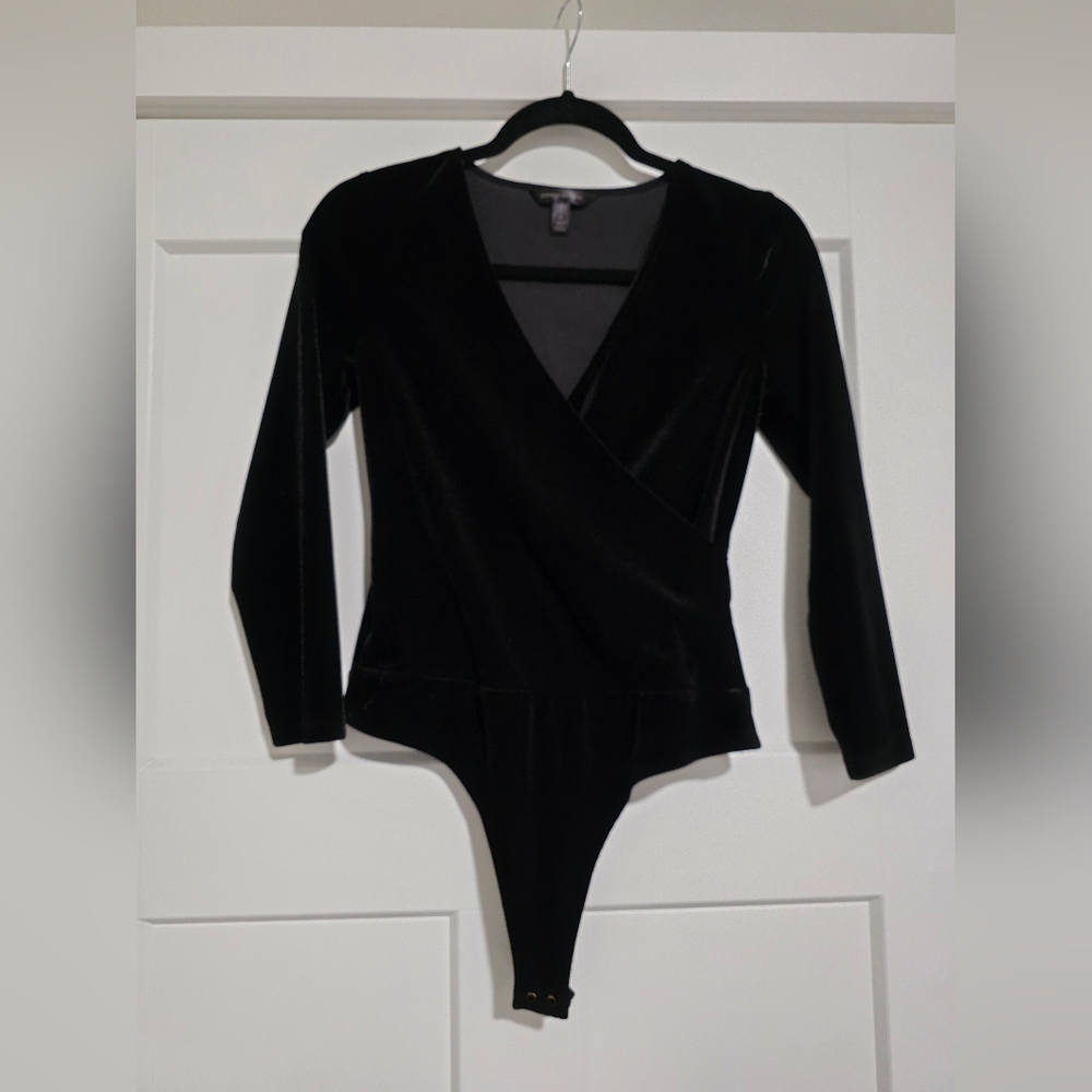 Banana Republic Black Velvet Wrap-Front Long-Sleeve Bodysuit